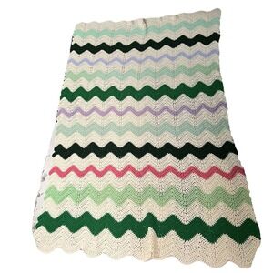 Vintage Afgan Throw BLANKET  ZIG ZAG Multi Color Crochet Handmade 40"x60"